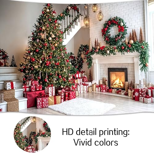 Miniatura 3 de Telón de fondo de chimenea de Navidad, árboles de Navidad, escaleras, regalos, leñas, decoración de fiesta de Feliz Navidad, fondos de fotografía,