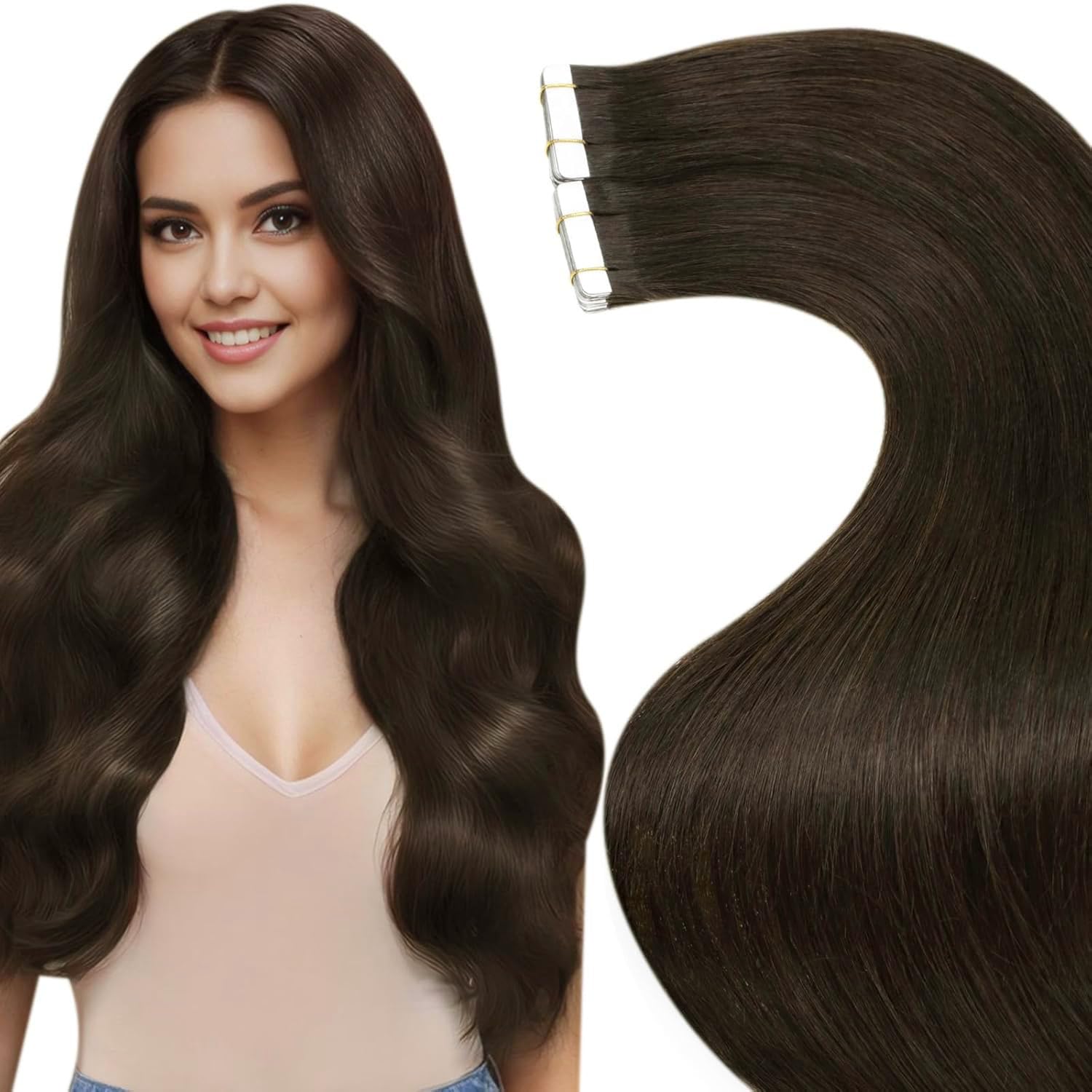 LaaVoo Tape in Hair Extensions Human Hair Dark Brown Tape Hair Extensions Real Human Hair Invisible Tapes Remy Straight Darkest Brown Hair Double Sided Tabs 20pcs 50g 18 Inch #2