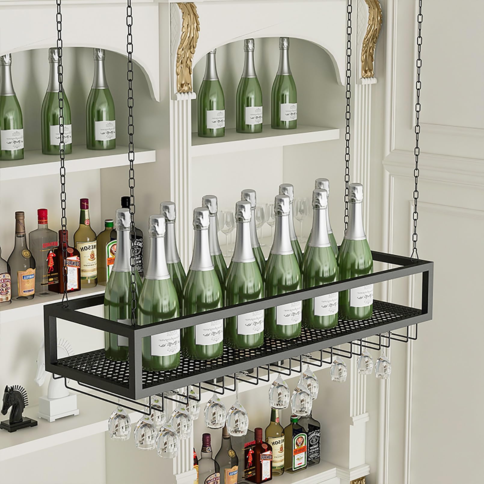 Metal Bar Hanging Wine Rack,Wine Glass Decoration Rack,Red Wine Bottle Display Hanger,Adjustable Height,Metal Ceiling Wine Glass Holder,with A Bottle Storage Rack,Home Cabinet Organizers (S