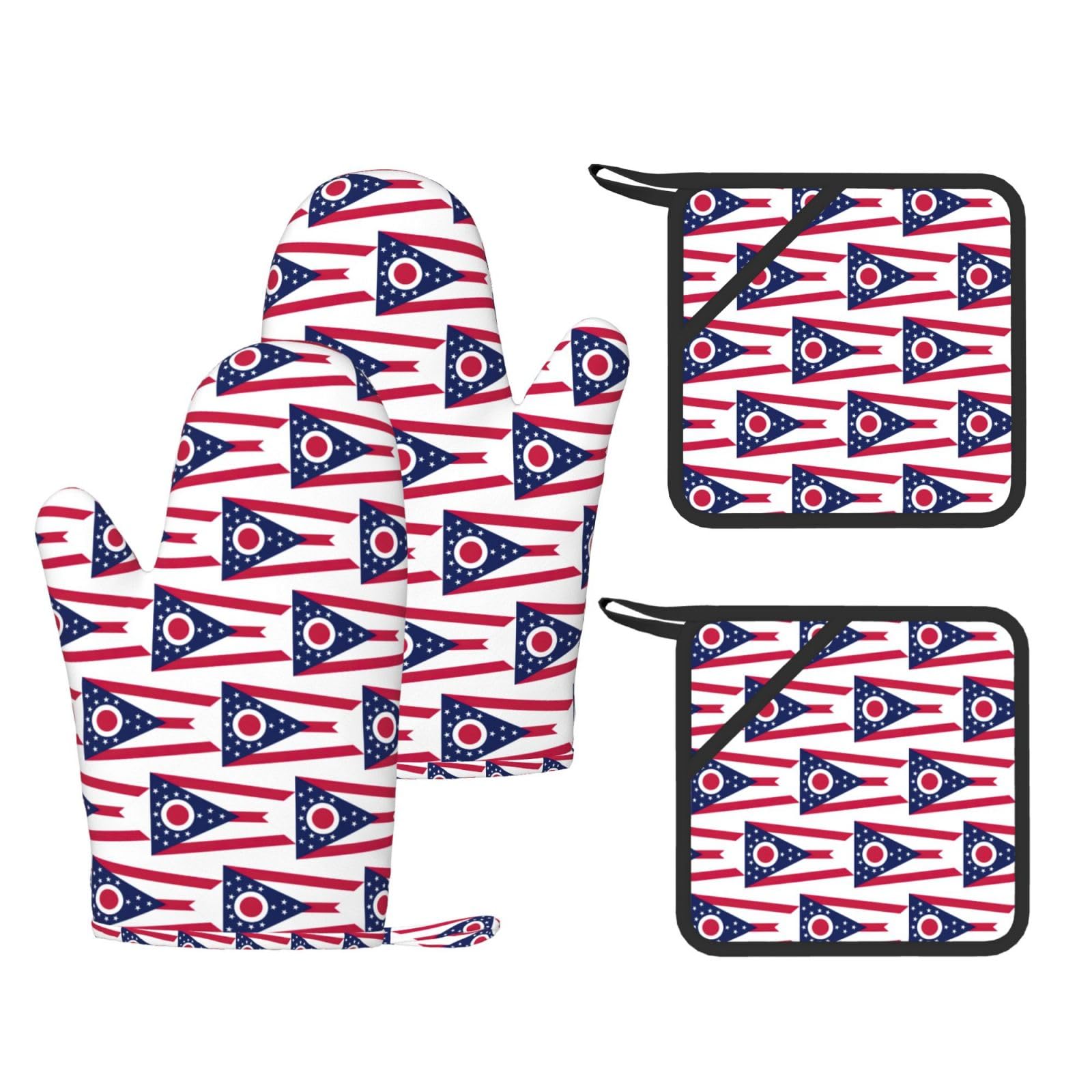 Ohio State Flag Printed Oven Mitts with Pocket and Hot Pads, Silicone Non-Slip Kitchen Gloves for Baking BBQ