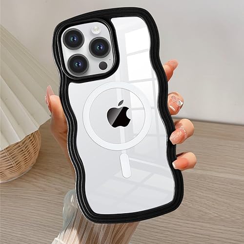 Miniatura 8 de QLTYPRI Funda magnética para iPhone 13 Pro Max compatible con Magsafe, bonita funda transparente con marco ondulado rizado para niñas y mujeres,