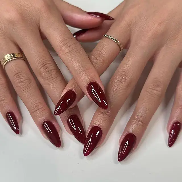 Cherry Red Almond Press On Nails - 30Pcs Long False Nails with Glue