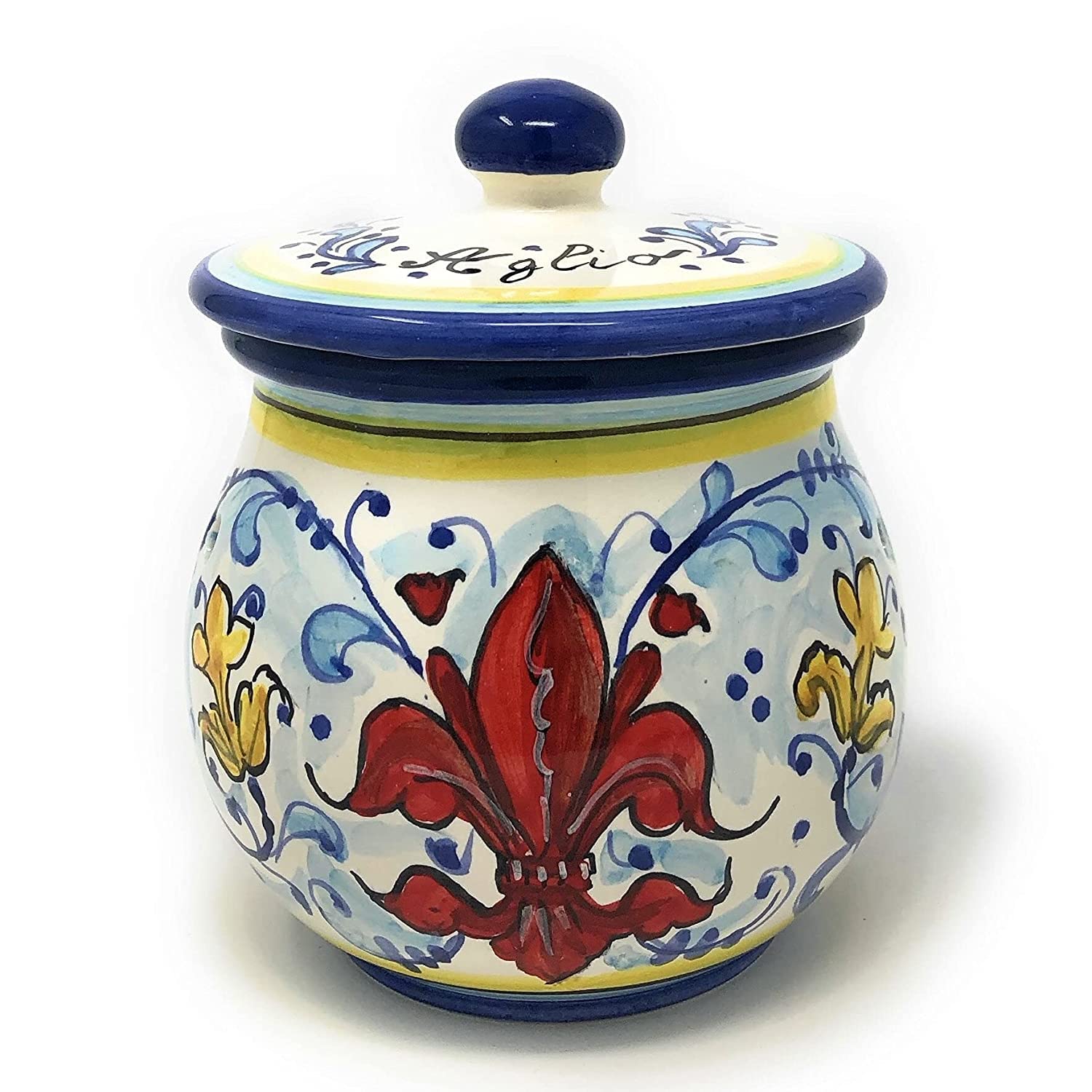 CERAMICHE D'ARTE PARRINI- Italian Ceramic Art Pottery Brings Garlic Jar Holder Hand Painted Pattern Lily Florence Tuscany Made in ITALY