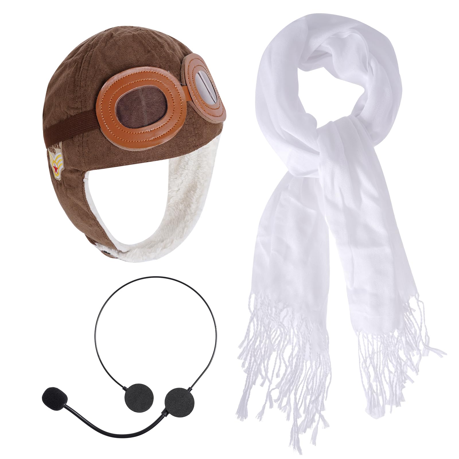 mifengdaPilot Costume Pilot Hat with Goggles Pilot Costume Accessories Set with Pilot Hat Scarf Fake Microphone Headset for Halloween Cosplay