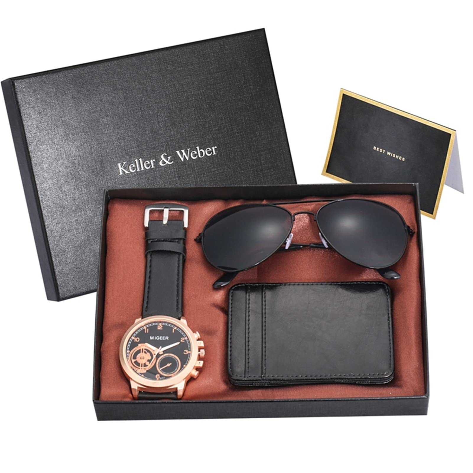 Rose Gold Męski Zegarek Skórzany Karta Uchwyt Kredytowy Portfel Moda Okulary Zestawy Dla Mężczyzn Unikalny prezent dla męża chłopaka Urodzinowe Prezenty Walentynkowe (Color : Watch sets 3)