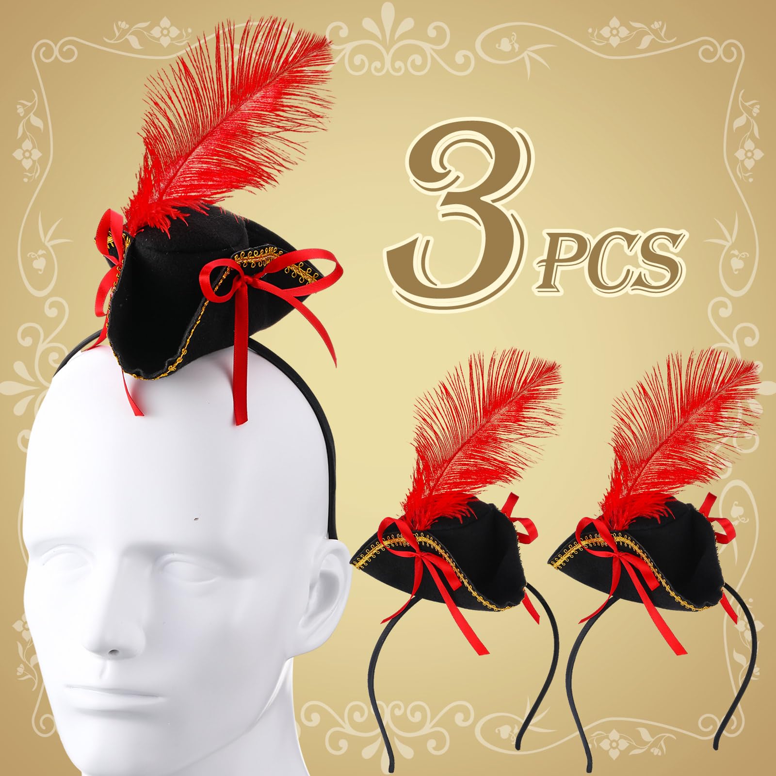 ShinyMatch 3 Pcs Pirate Tricorn Mini Hat Headband for Women Red Bow Knot Feather Pirate Fascinator Hat, One Size for School Play Theatrical Performance - Image 3