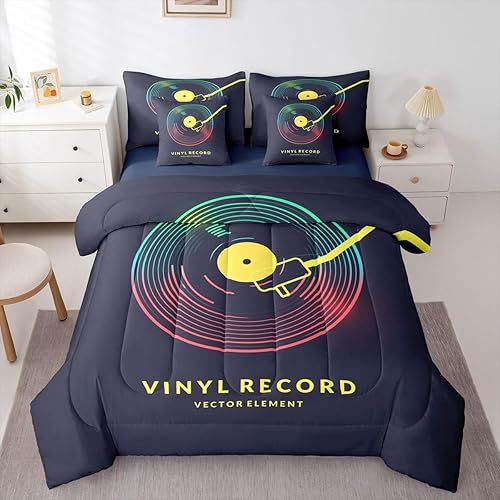 Miniatura 14 de Erosebridal Juego de edredón de 7 piezas con notas musicales de tamaño King, diseño de música giratoria retro, sábanas y fundas de almohada, estilo