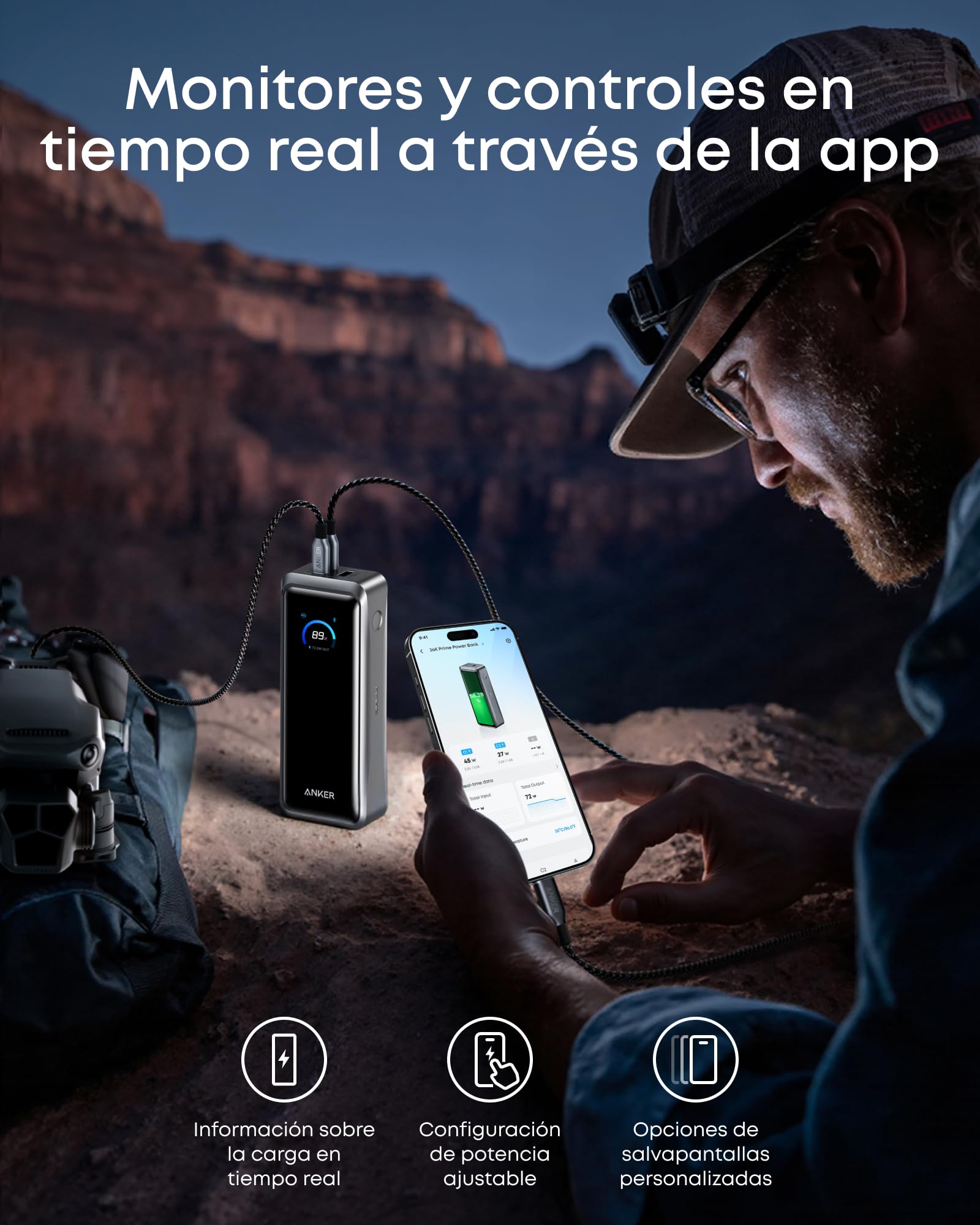 Anker Prime Power Bank 26.250 mAh, 300 W, 3 Puertos | Carga bidireccional, homologación TSA, control por app, para MacBook e iPhone 17/16. Base no incluida