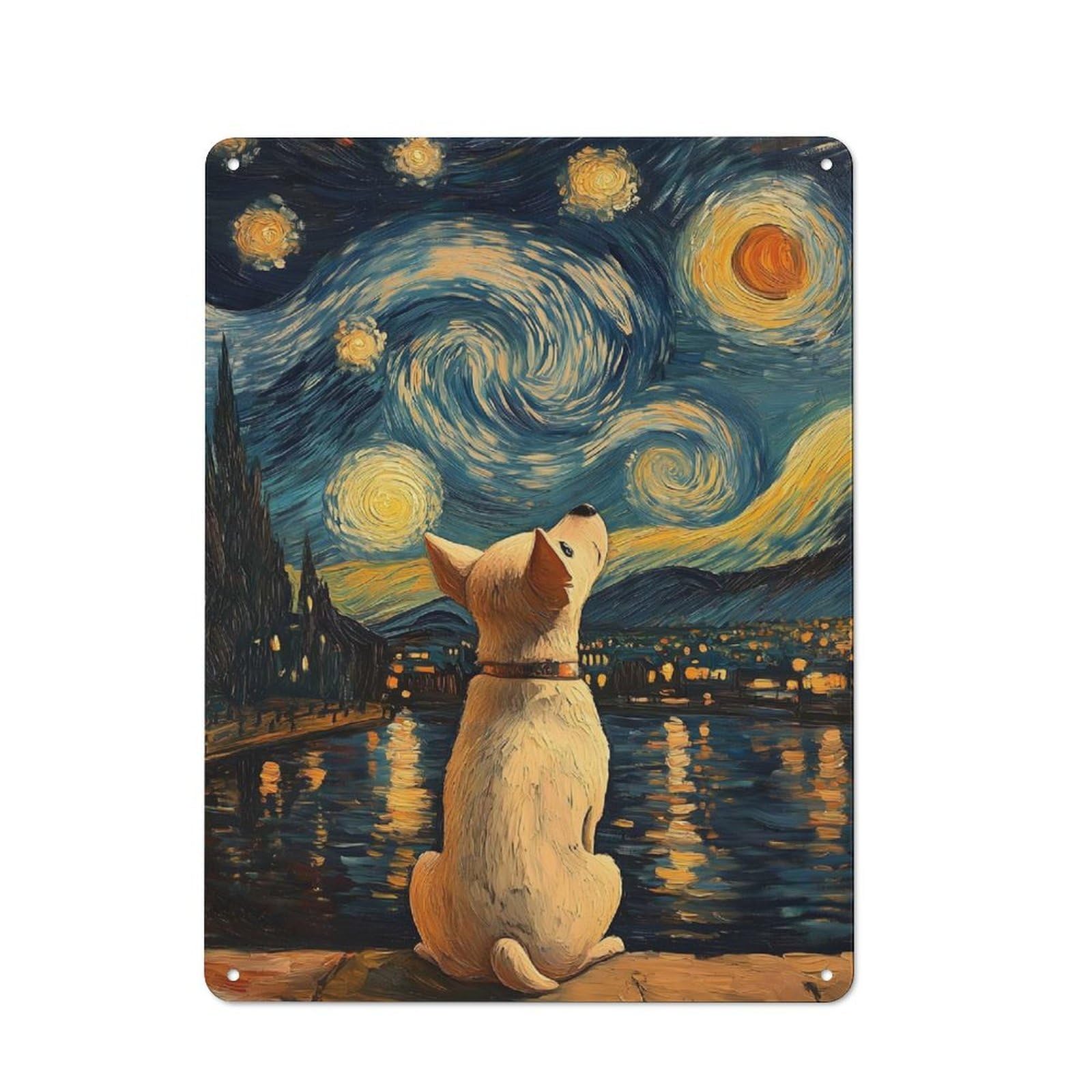 Understated Dog Gazing Starry Night Van Gogh Painting Metal Wall Plaque 40x30cm, Creative Space Decor for Office, Study, Studio Or Hallway