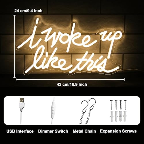 Miniatura 3 de Letrero LED de neón con texto en inglés "I Woke Up Like This" con letra blanca cálida para pared con interruptor regulable, luces de neón para