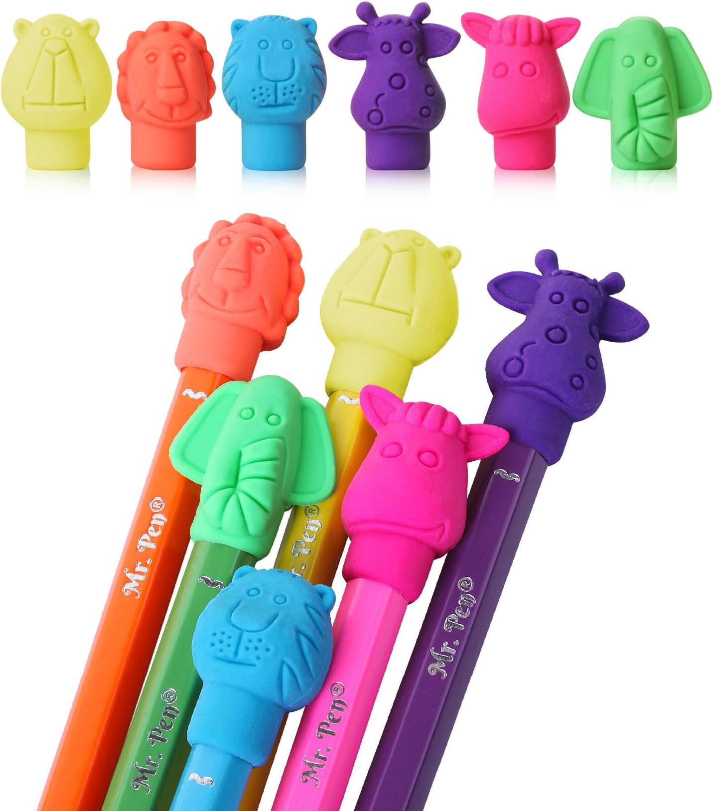 Mr. Pen- Animal Pencil Top Eraser, 60 Pack, 6 Assorted Styles, Colorful Cute Animal Designs, Latex-Free, Non-Toxic Cap Pencil Erasers for Kids, Teachers