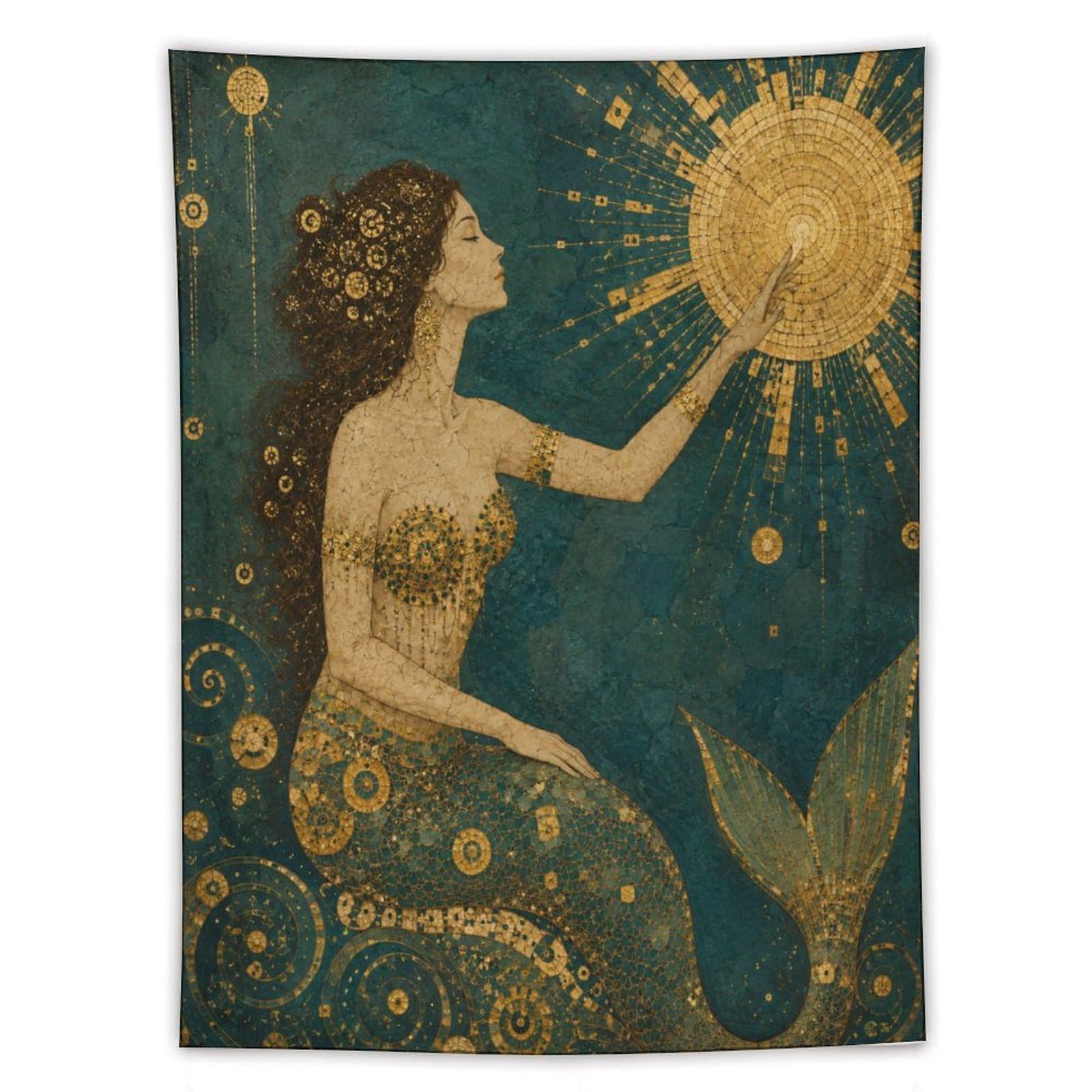 W7C8U2X3 Mermaid Holding Sun Wall Tapestry, Art Nouveau, Reading Corner