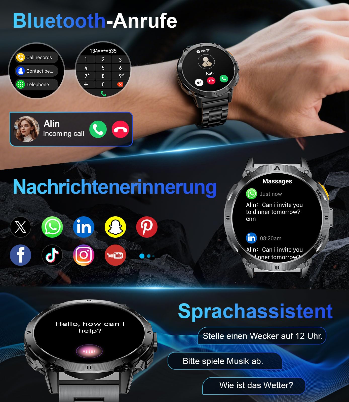 Smartwatch Herren Militär mit LED-Licht, 1,62 Zoll AMOLED Display Fitnessuhr mit Telefonfunktion, 730mAh Akku, 24/7 Herzfrequenz/Schlafmonitor, 119 Sportmodi Sportuhr für iOS Android, 2 Uhrenbänder
