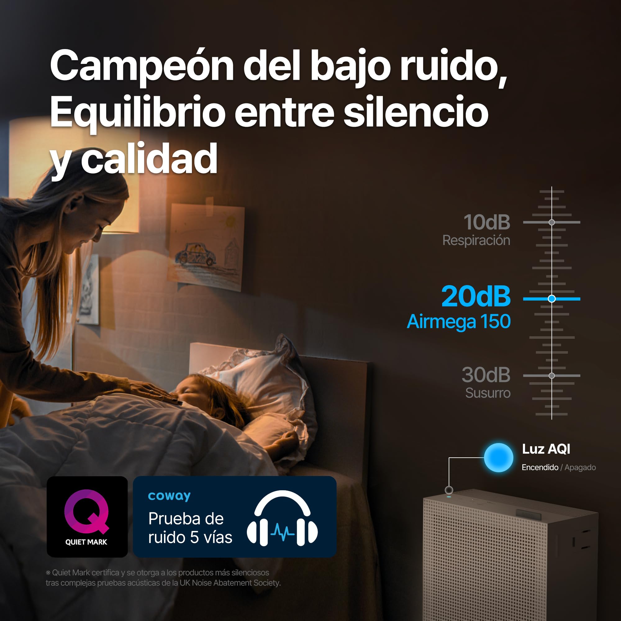 COWAY Purificador Aire, Calima Sahariana Alérgenos Mascotas, ECARF Quiet Mark, Modo Sueño 20 dB, Prefiltro Lavable, HyperCaptive 99,999% 0,01µm, CADR 281m³/h, Garantía 3 Años, Airmega 150, Bianco