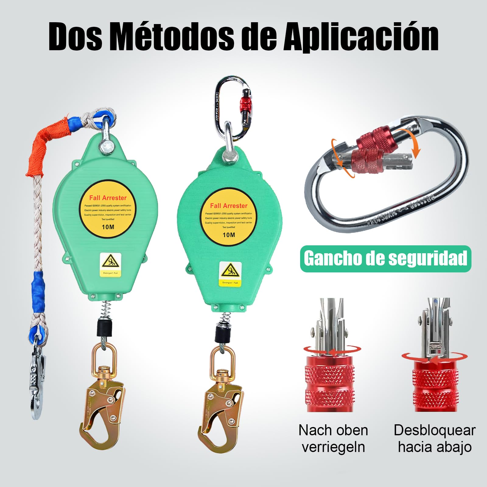Dispositivo Anticaídas Retráctil, Dispositivo de Seguridad en Altura 10 M | 360°Gancho de Seguridad Industrial, Ideal Para Construcción, Mantenimiento y Arnés Escalada