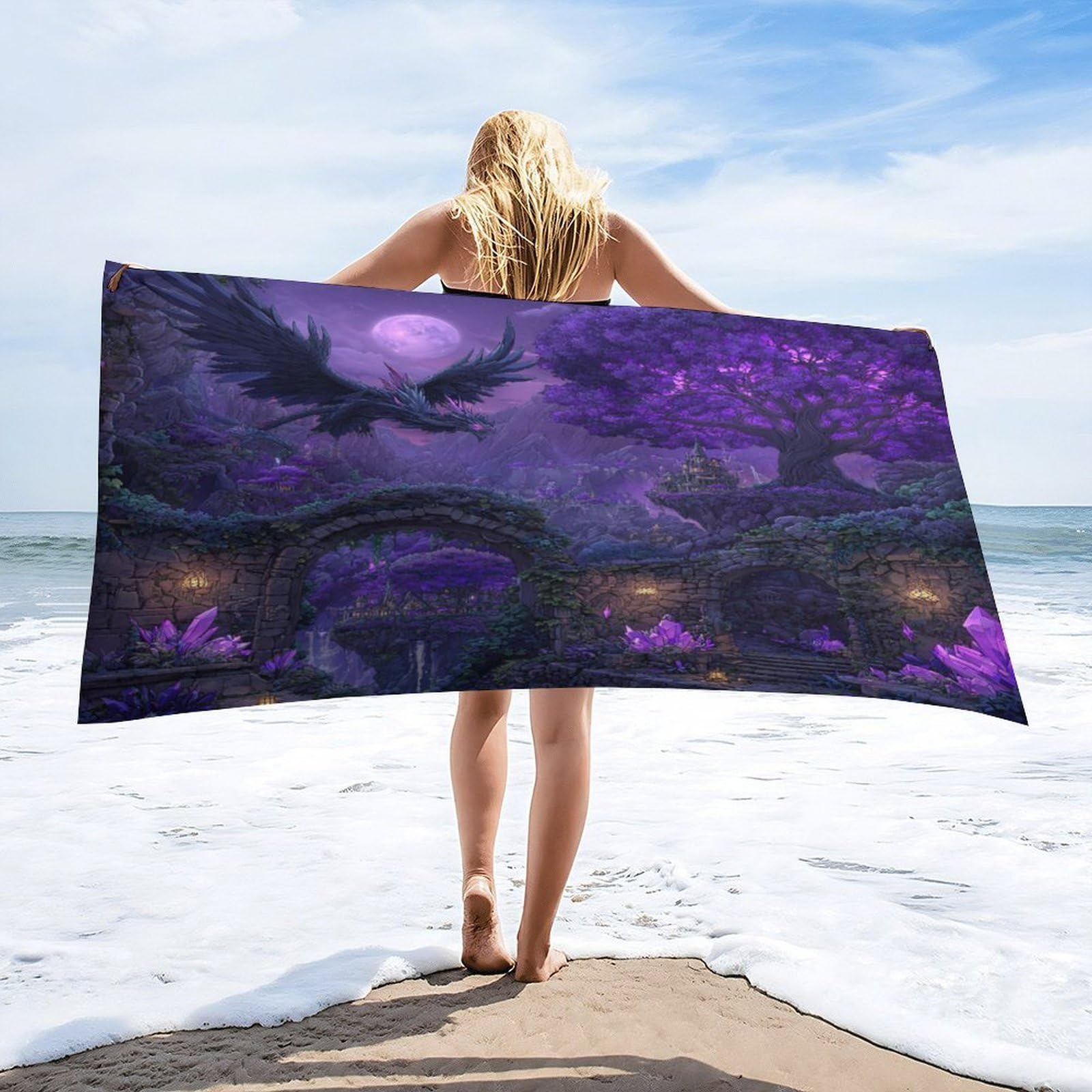 Luyysky Cool Retro Western Dragon Quick-Drying Beach Towel, Vintage Mid Century Gothic Full Moon Fantasy Animal Dragon Travel Vacation Single Sided Pile Bathroom Towels-80 W Cm X 160" L Cm