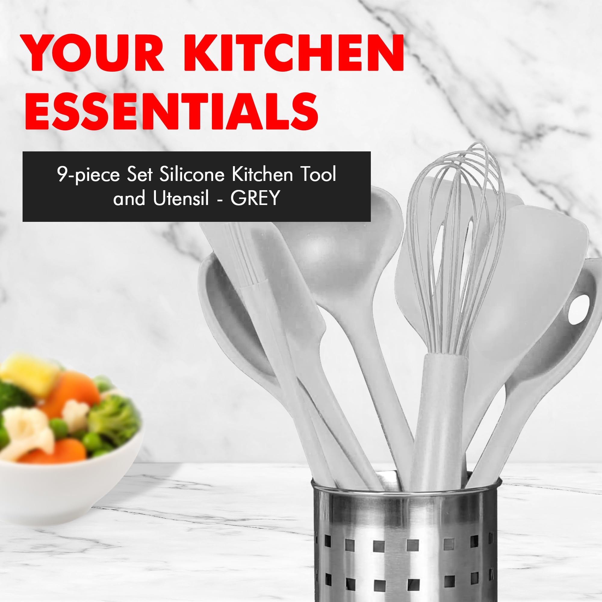 Chef Craft Set di utensili da cucina e utensili da cucina in silicone, 9 pezzi, grigio
