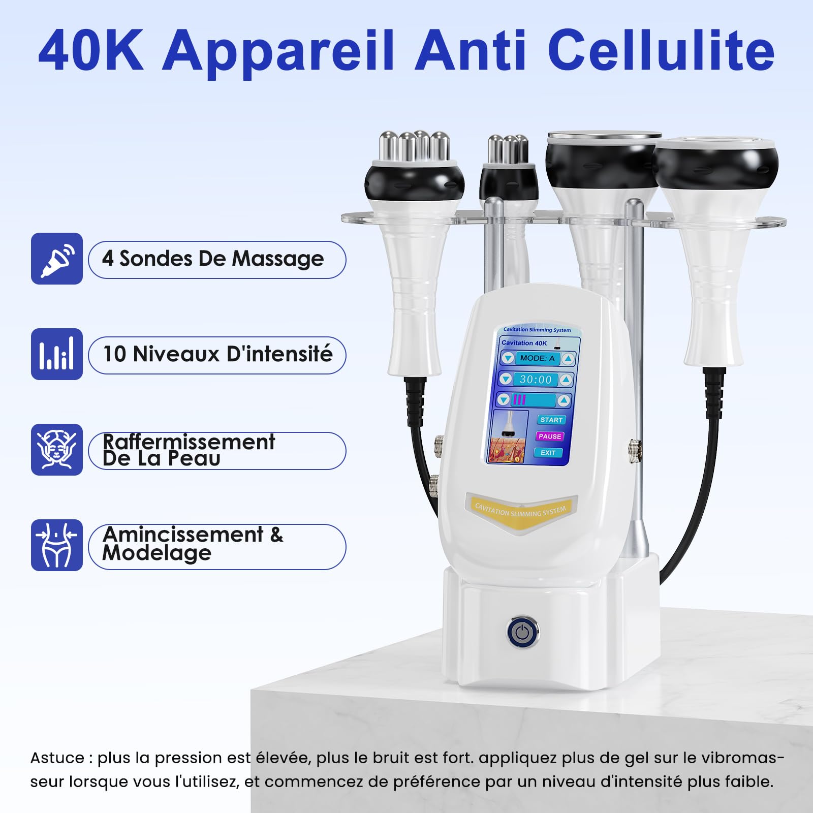 Appareil de massage 40K 4-en-1, lipocavitation et radiofréquence, appareil de soins adapté au visage et au corps