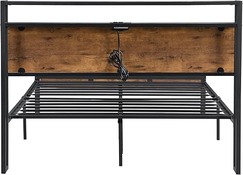 Miniatura 6 de Marco de cama tamaño Queen, marco de cama de plataforma de metal con almacenamiento debajo de la cama, cabecera de almacenamiento de 2 niveles, no