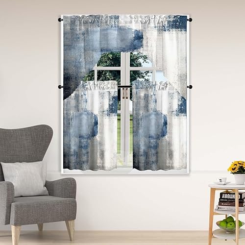 Juego de 3 cortinas de ventana de color marrón oscuro, juego de cenefas de arte abstracto con bolsillo para barra marrón para ventanas de cocina