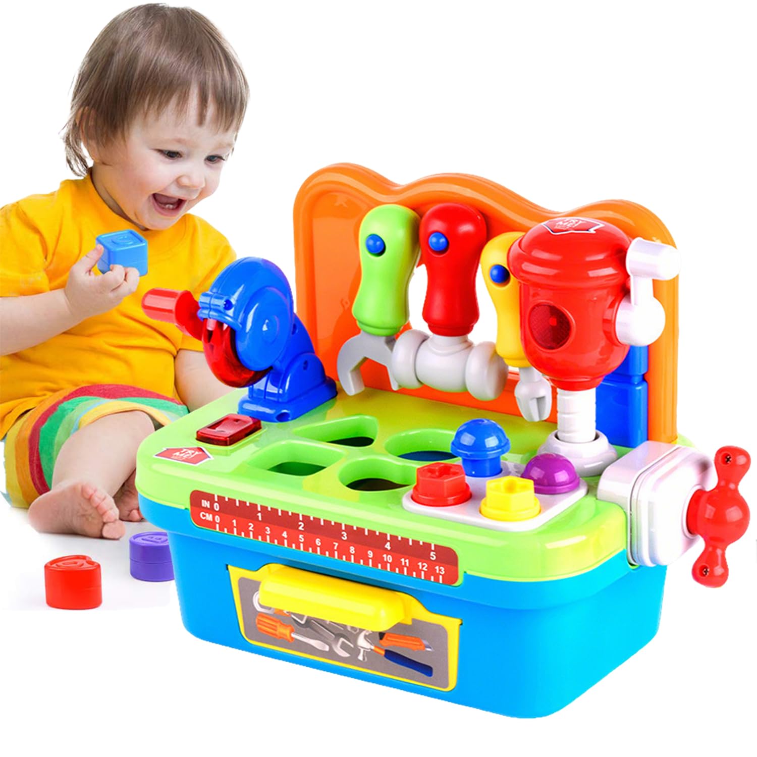 Ccarzzi Kids Workbench Shape Sorter Toys for 1 Year Old Boys, Toddler Tool Bench with Light Up Toy Drill, Pretend Drill For Boys Girls, Hand-Eye Coordination & Manual Skills