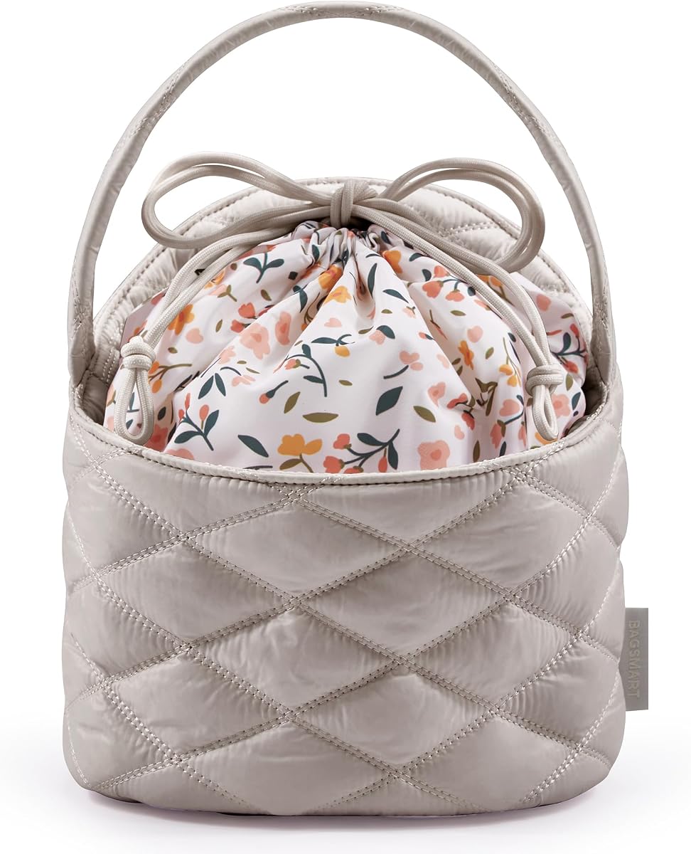 Barrel Drawstring Makeup Bag, Travel Toiletry Bag, Large Cosmetic Bag, Portable Make Up Bags for Women Toiletries Accessories Brush, Khaki