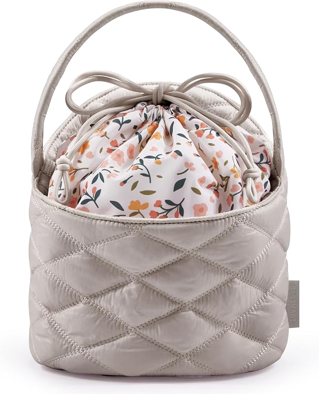 Barrel Drawstring Makeup Bag, Travel Toiletry Bag, Large Cosmetic Bag, Portable Make Up Bags for Women Toiletries Accessories Brush, Khaki
