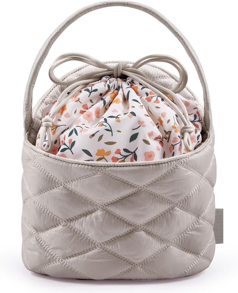 Amazon.com: BAGSMART Barrel Drawstring Makeup Bag, Travel Toiletry Bag, Large Cosmetic Bag, Portable Make Up Bags for Women Toiletries Accessories Brush, Khaki : Beauty & Personal Care