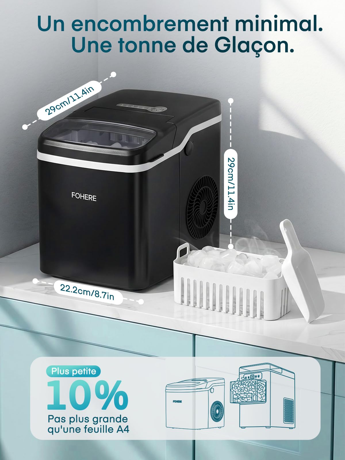 FOHERE Machine à Glaçons de Comptoir, 9 Glaçons en 5 Min, Capacité 14KG/24H, Machine a Glacons Compacte avec Fonction d’Auto-Nettoyage, 2 Tailles de Glaçons pour Maison, Cuisine, Camping, Bureau