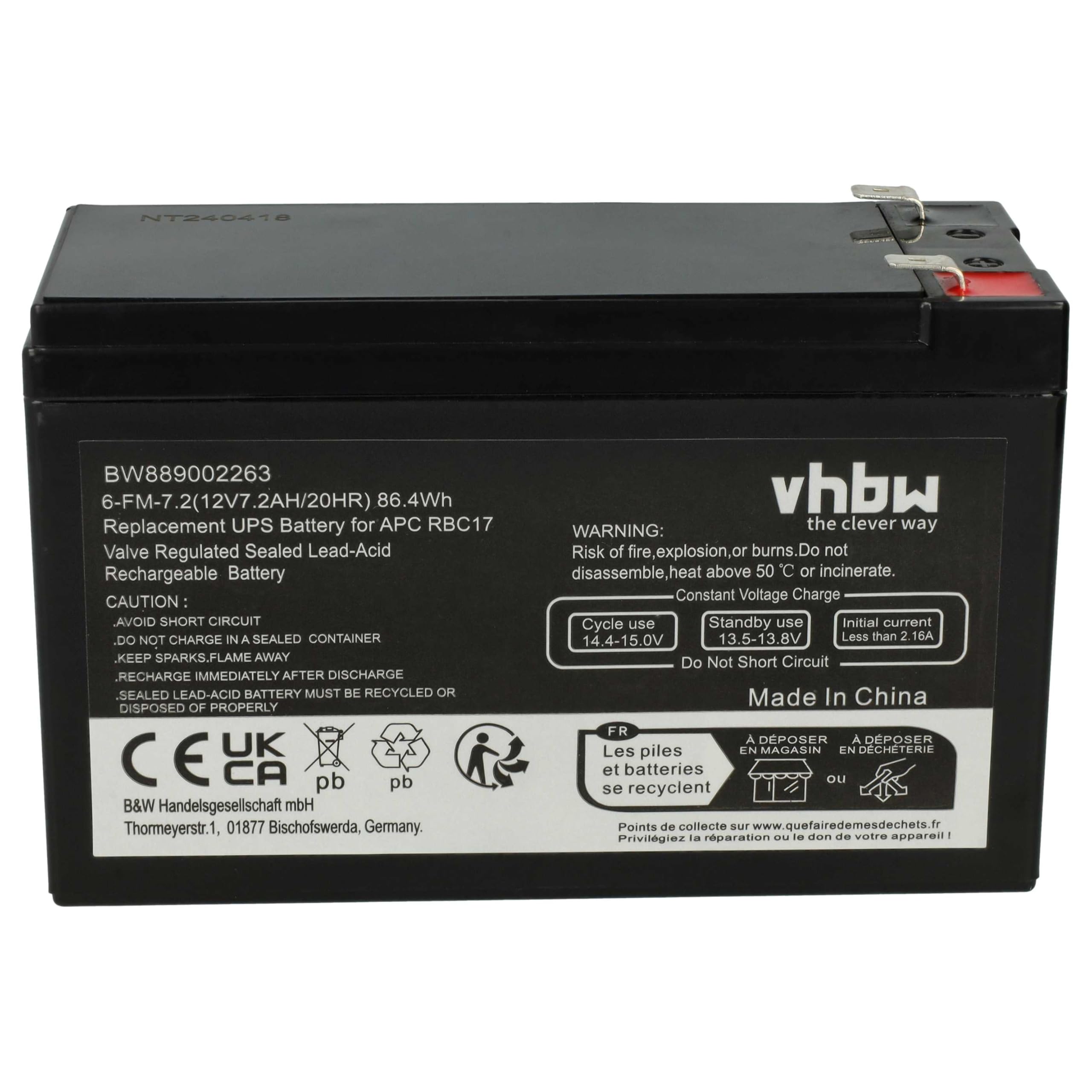 vhbw 1 x bateria zastępuje APC RBC17 do UPS (7,2 Ah, 12 V, AGM)