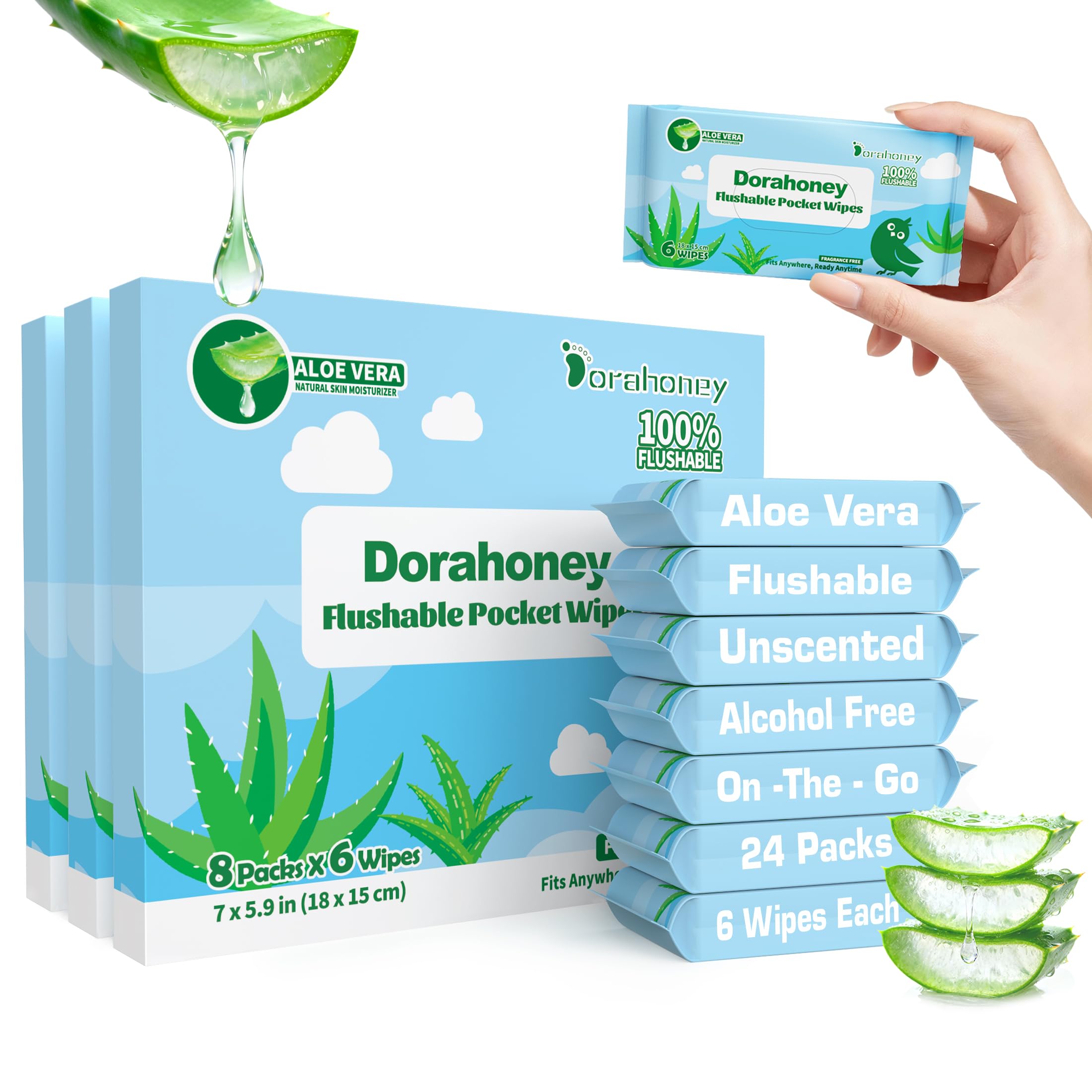 Mini Feuchttücher Reisegröße, Feuchtes Toilettenpapier spülbar mit Aloe Vera, unparfümiert, 99% Wasser, Hypoallergen für Empfindliche Haut, Reise Feuchttücher für Unterwegs, 24 Stück (144 Packungen)