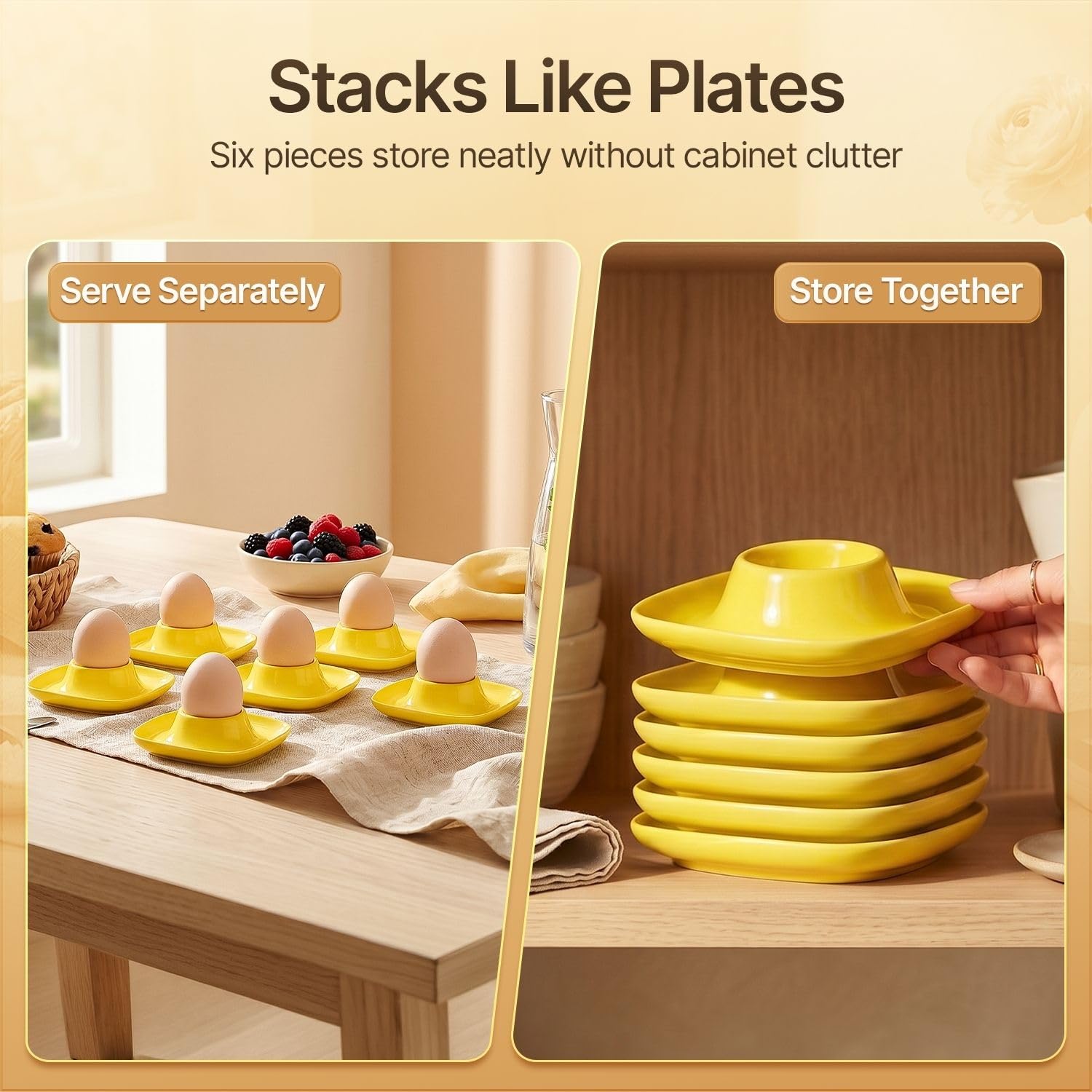 Flexzion Coquetiers pour œufs à la coque - Lot de 6 en céramique - Coquetiers empilables avec socle pour service, petit-déjeuner, brunch - Décor de table, Jaune
