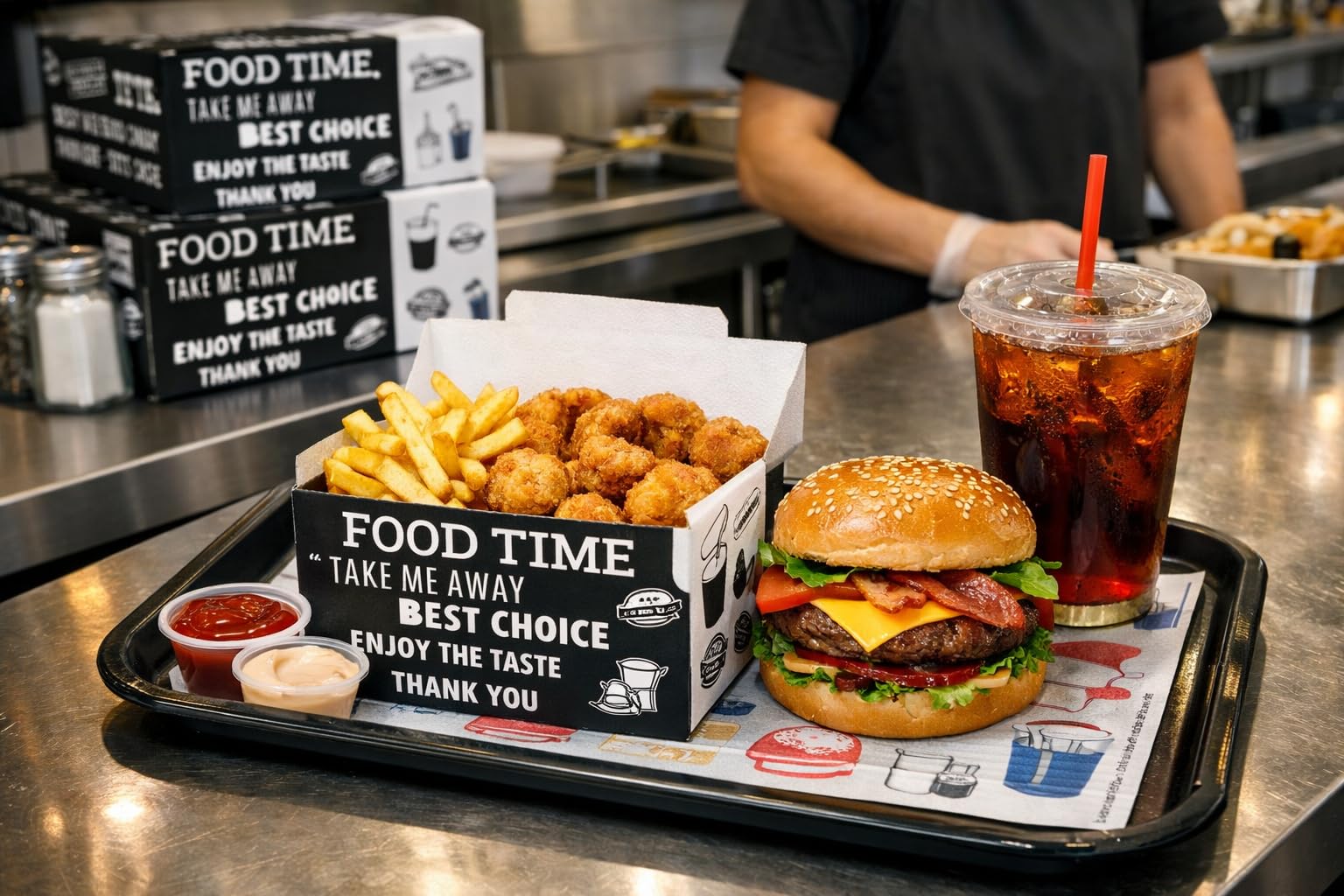 100 Pezzi Delivery Box Cibo da Asporto Ideale per Fritti Non Unge, Contenitore per Alimenti Usa e Getta per Asporto, Delivery, Ristoranti, Fast Food, Picnic, Feste e Cene Informali (17x27x7 cm)