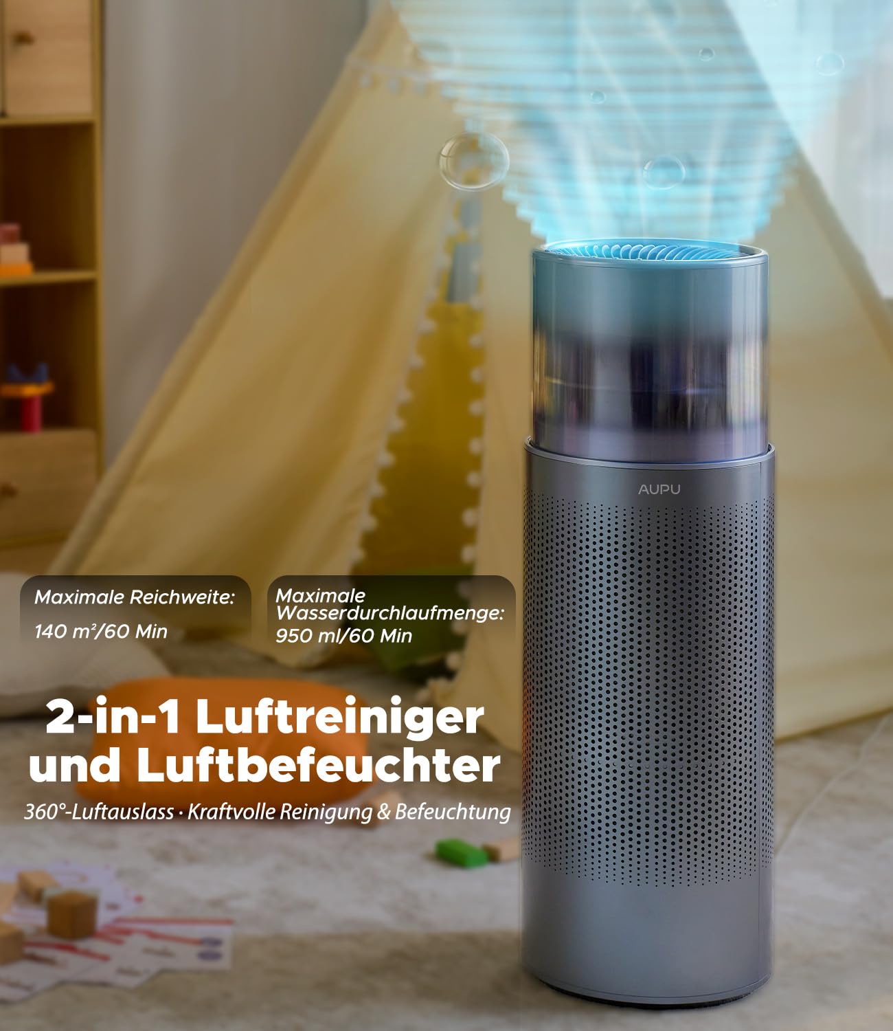 AUPU Purificador de aire 2 en 1 y humidificador evaporativo – Certificado de seguridad, 5 niveles de soplado, recarga superior y gran volumen de depósito de agua, filtro HEPA verdadero para mascotas