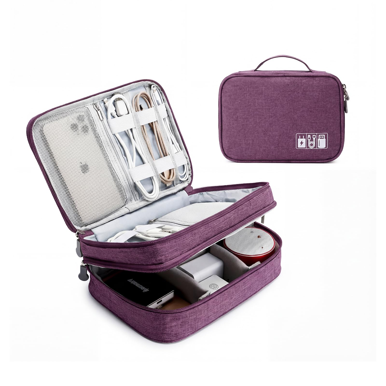 mygreen Electronics Travel Organizer Storage Bag, Double Layer Universal Traveling Gear Accessories Carrying Cover Pouch for iPad Mini Cables Phone Chargers Adapter Flash Hard Drive and More Purple