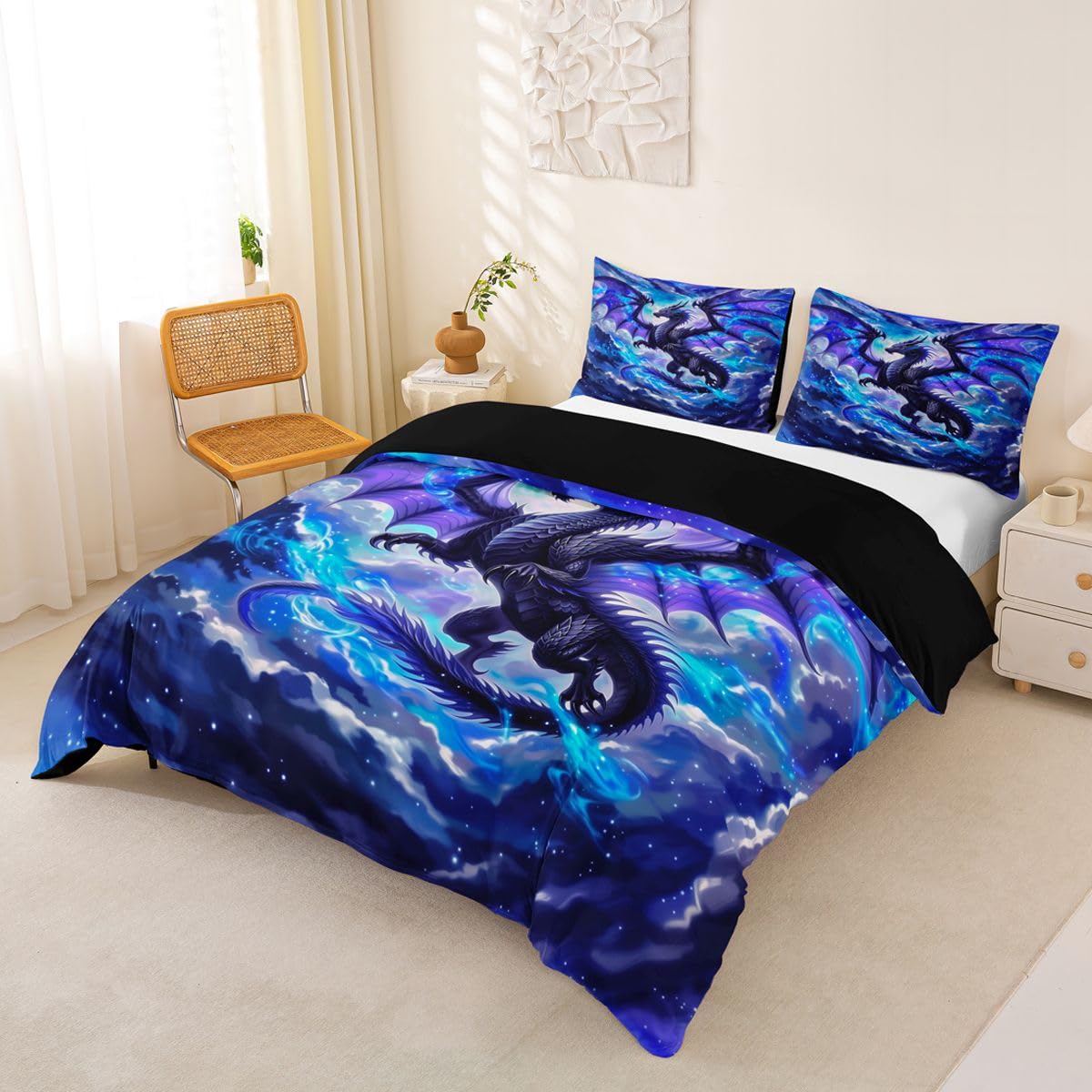 Homewish Set di biancheria da letto con copripiumino per letto super king size, motivo: drago blu, viola, cielo stellato, per bambini e ragazzi, con stampa 3D a tema mostro