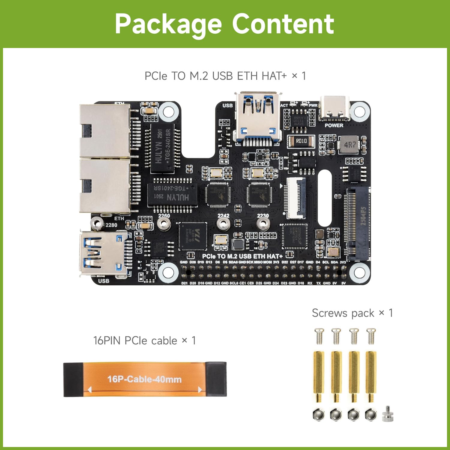 Waveshare PCIe to USB 3.2 Gen1 / 2.5G ETH/M.2 NVMe Adapter, Compatible with Raspberry Pi 5, Supports NVMe Protocol M.2 Solid State Drive, Expands 2-ch USB 3.2 Ports and 2-ch Ethernet Ports, HAT +