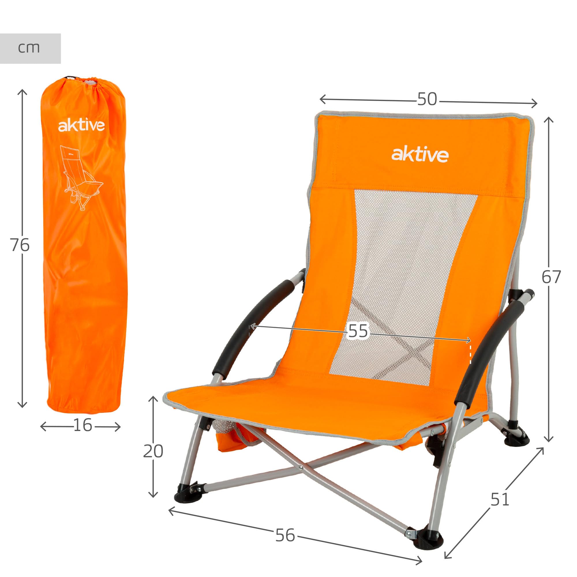 AKTIVE Lot de 4 chaises de Plage Pliantes, Assise Basse, 50 x 51 x 67 cm, en Acier, Polyester et Maille, accoudoirs rembourrés, avec Dessous de Verre latéral, Max 110 kg, Housse de Transport Incluse