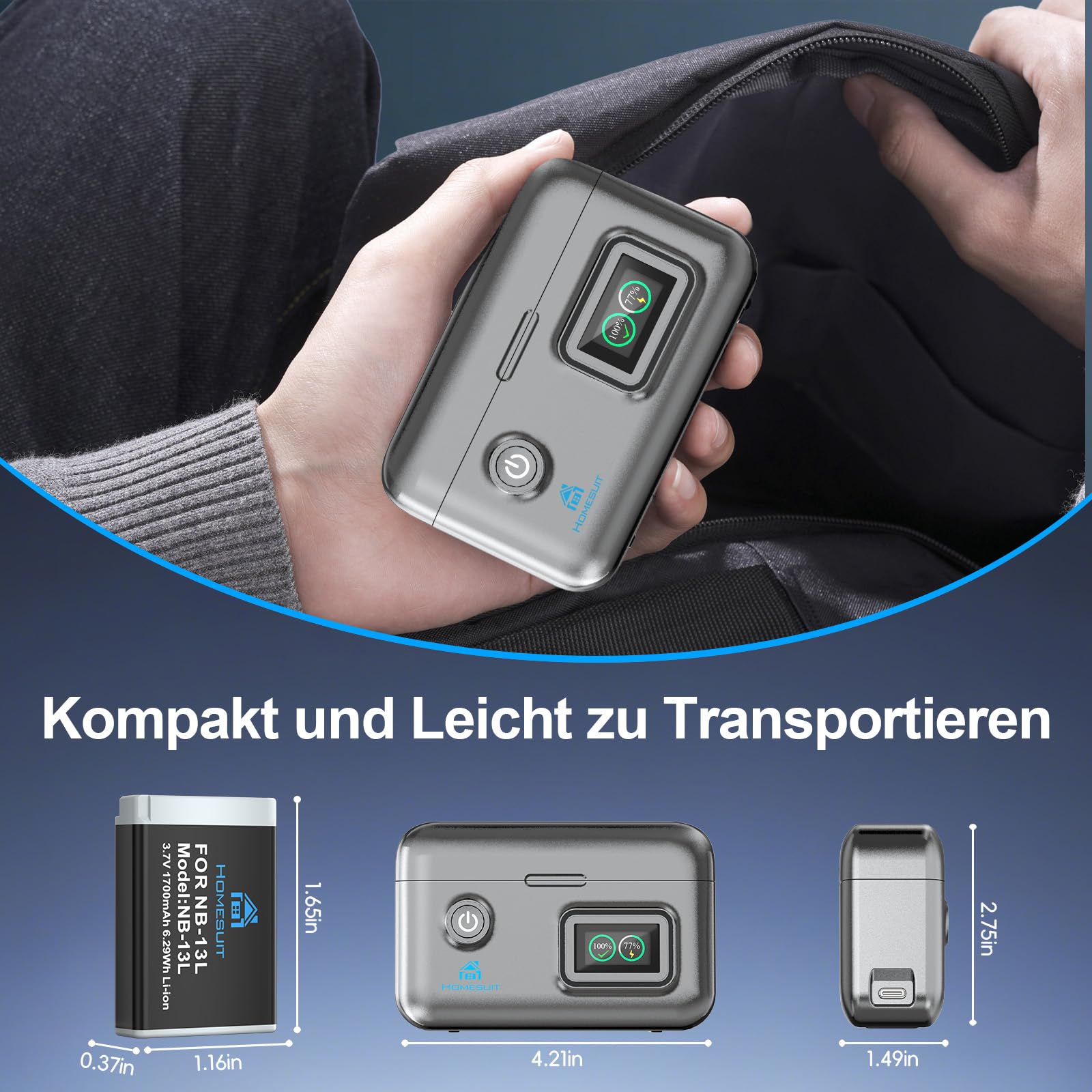 Homesuit NB-13L Akku 1700mAh & Dual Ladegerät für Canon PowerShot G5X, G5X Mark II, G7X, G7X Mark II, G7 X Mark III, SX720 HS, SX730 HS, SX740 HS, SX620 HS, G1X Mark III, G9X, G9X Mark II (2er-Pack)
