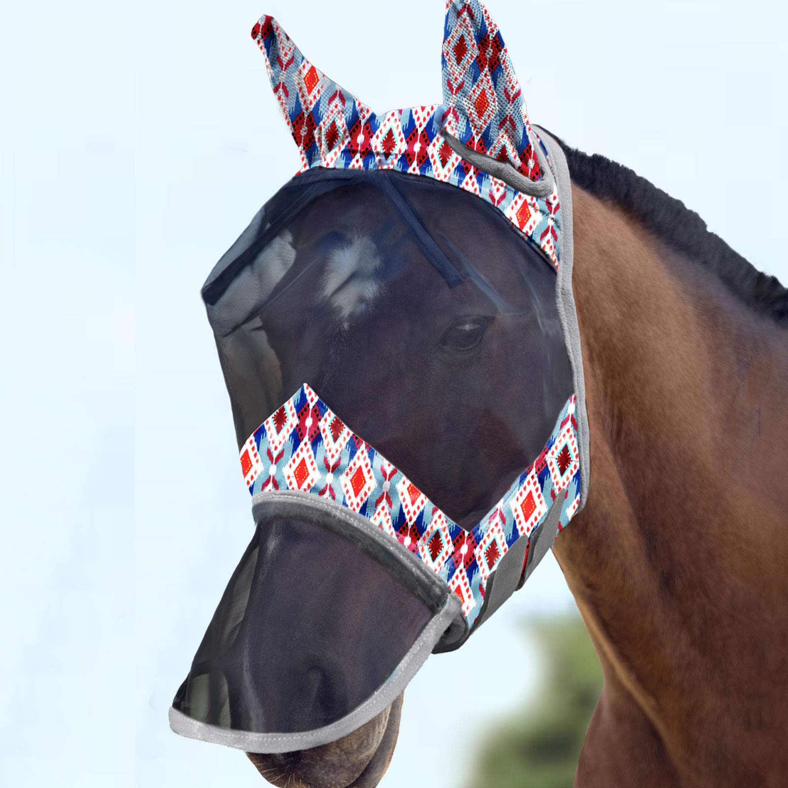 Harrison HowardLumiVista Horse Fly Mask Long Nose with Ears UV Protection for Horse Tribal Rhombus L Full Size