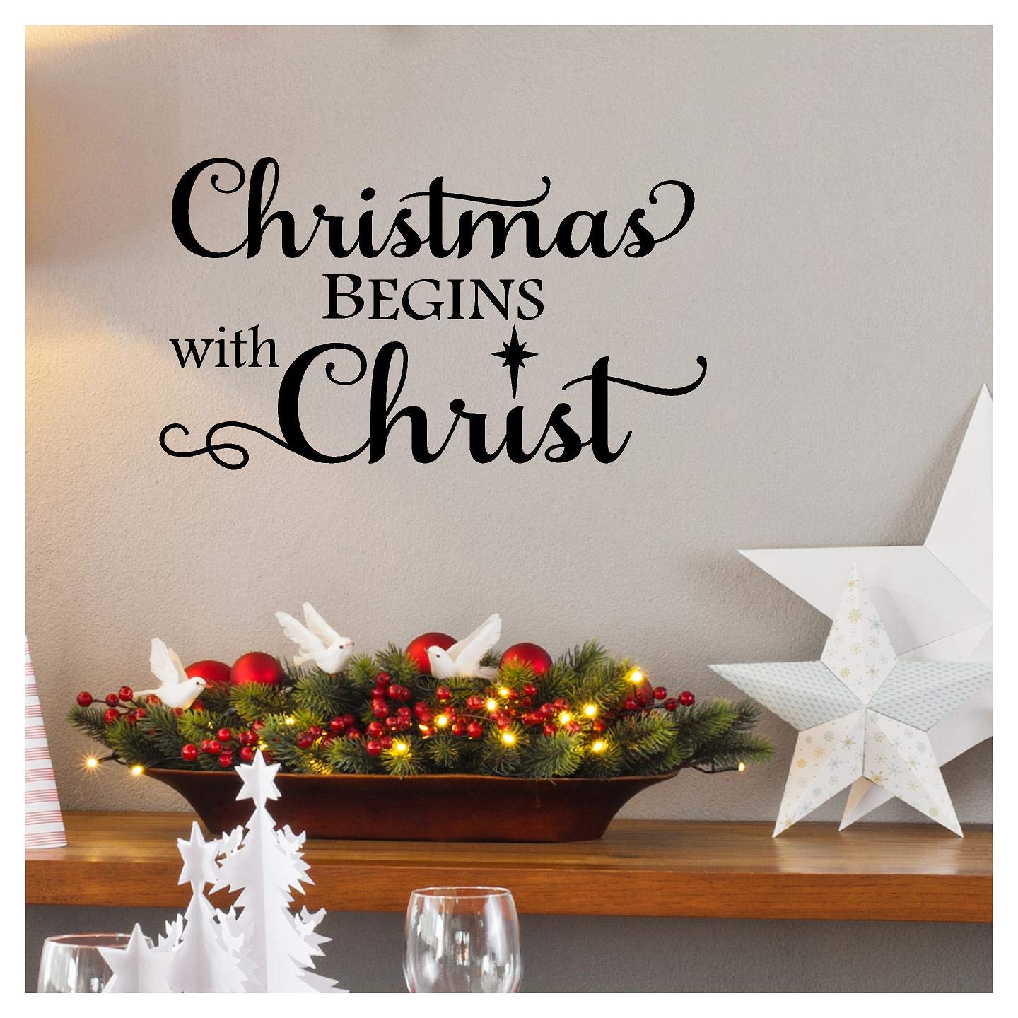 Noël Commence avec Christ en Vinyle Lettrage Autocollant Mural Citation de Christ Décor de Vacances avec crèche de Noël étoile 12.5" H x 22" W Noir