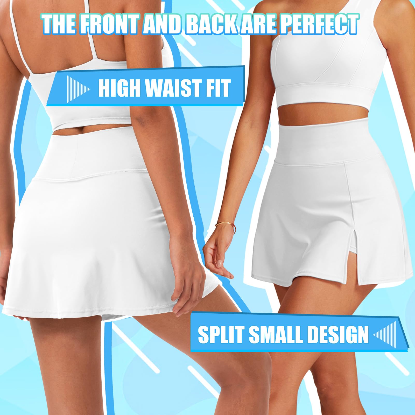 Damen Tennisrock Mit Hose Mädchen Hohe Taille Saumschlitz A-Linie Sportrock for Tennis Golf Freizeitbekleidung