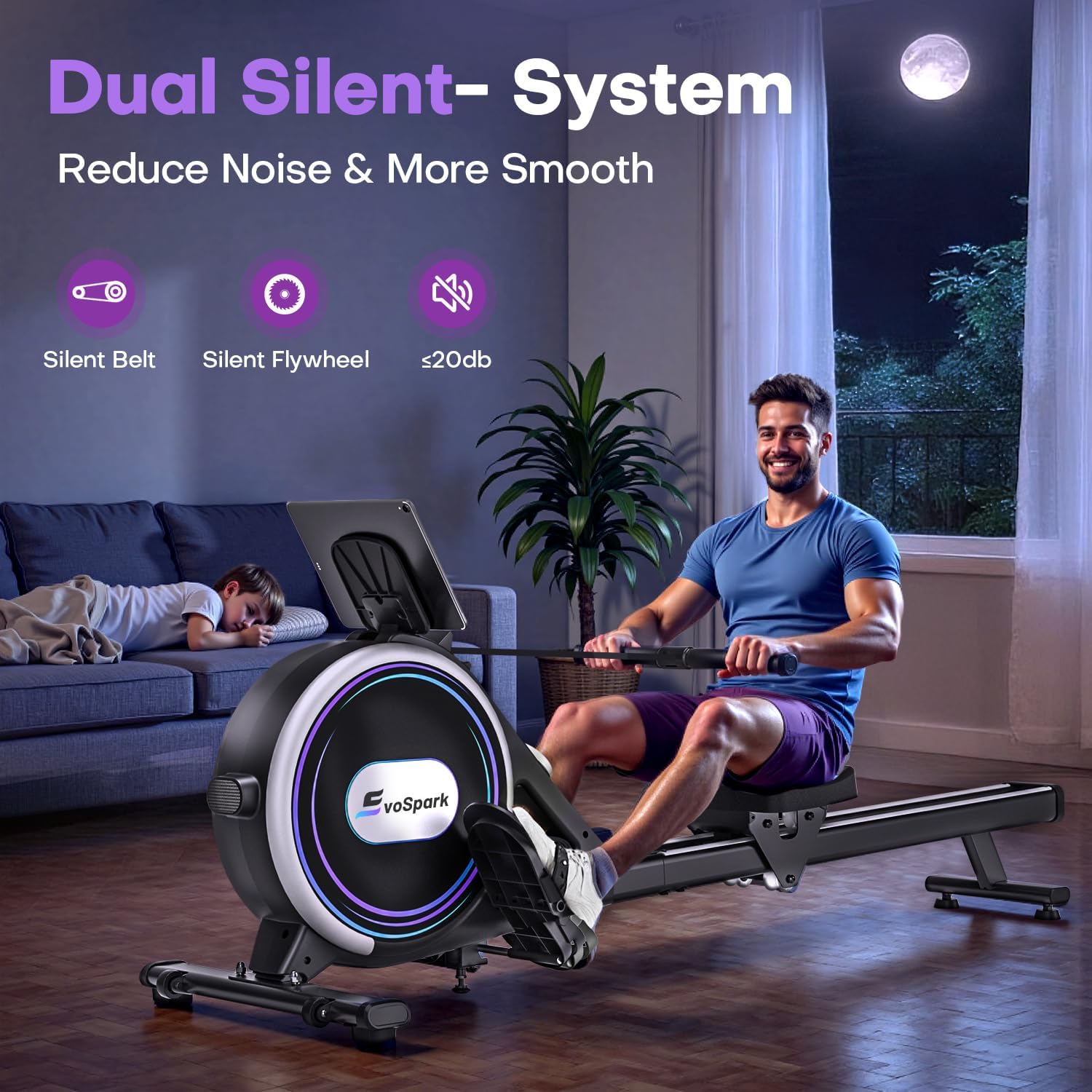EvoSpark rowing machine operating silently with a child sleeping nearby.