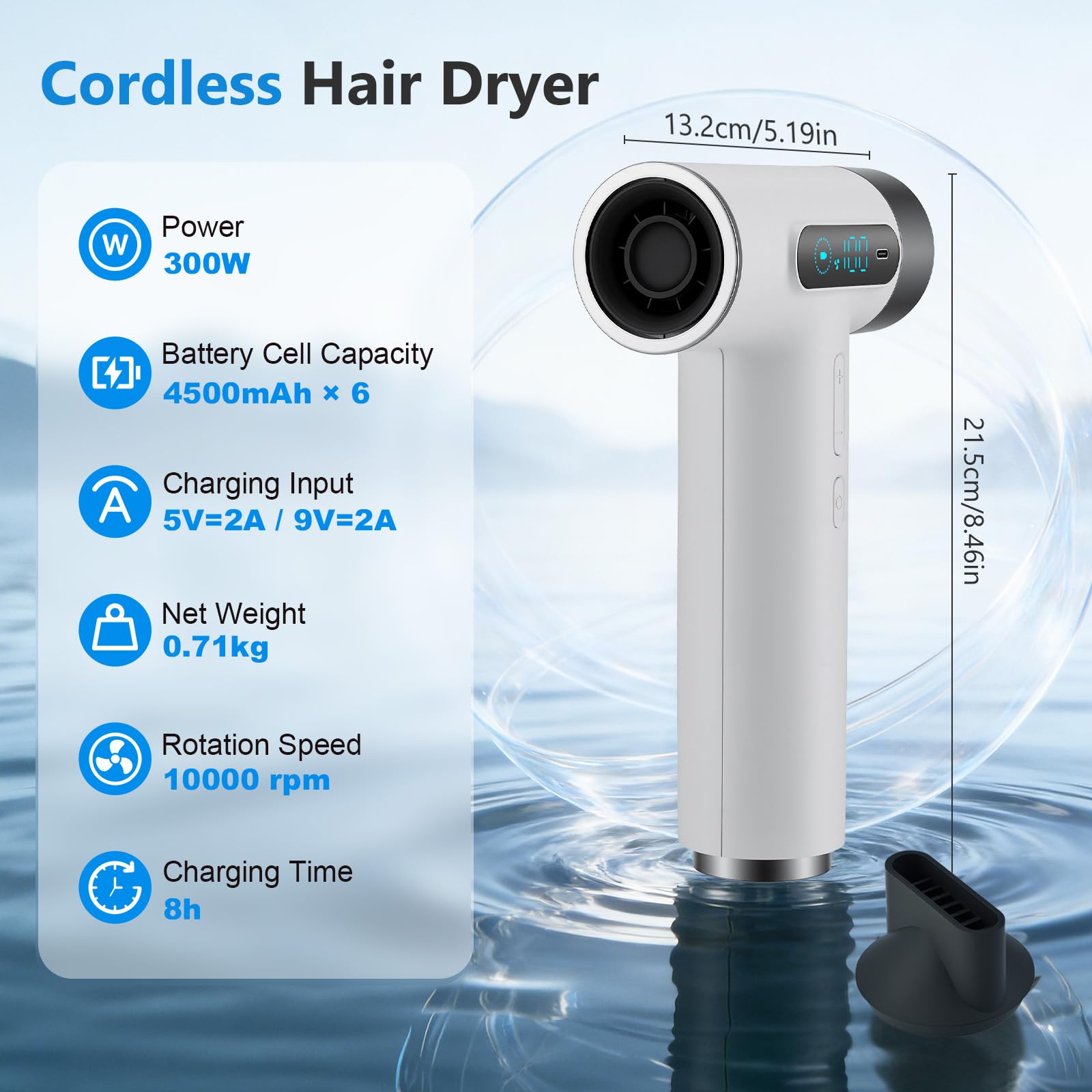 Secador de pelo portátil Pro Battery Travel de 27000 mAh - Sin cable con 100 temperaturas y velocidades - Portátil con pantalla digital para camping, viajes y hoteles - Blanco