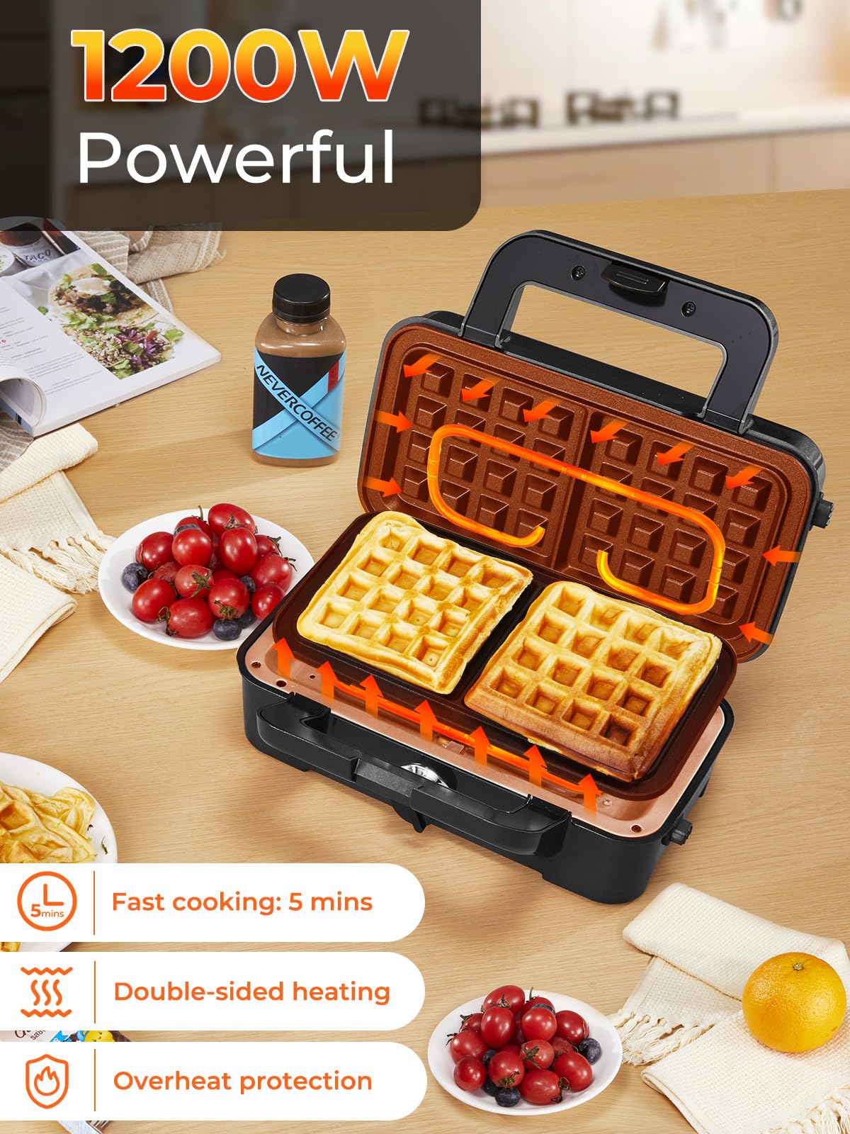 Sandwichera 3 en 1, 1200W Gofrera, Grill Sandwichera Plancha con Interruptor de Seguridad, 3 Placas Antiadherentes y Extraíbles, Control de Temperatura de 5 Velocidades y Manija Cold Touch