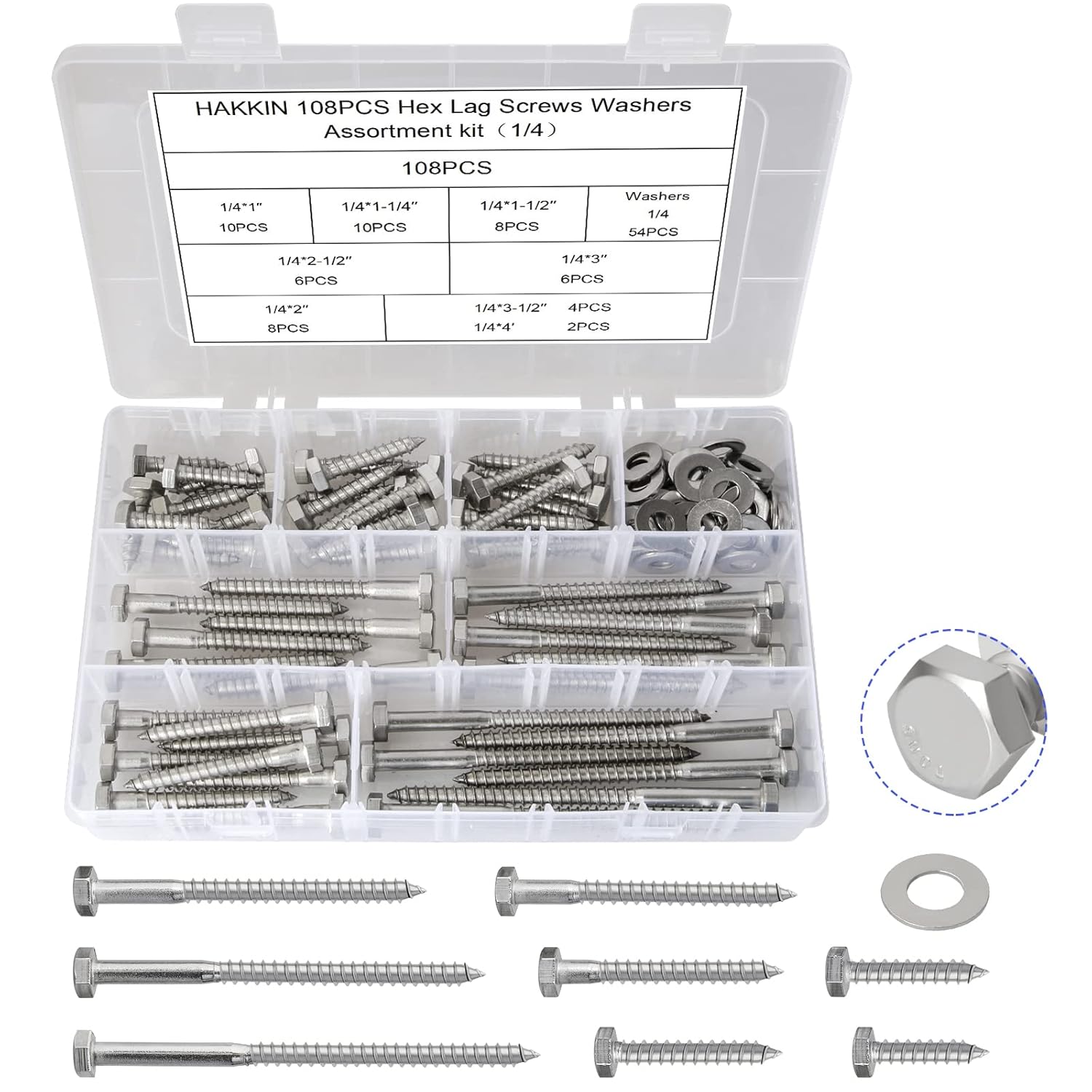 Hakkin 108PCS 1/4" Hexagon Head Lag Screws,304 Stainless Steel Hex Lag Bolts 1" 1-1/4" 1-1/2" 2" 2-1/2" 3" 3-1/2" 4", Wood Screws Washers Assortment Kit with Storage Case