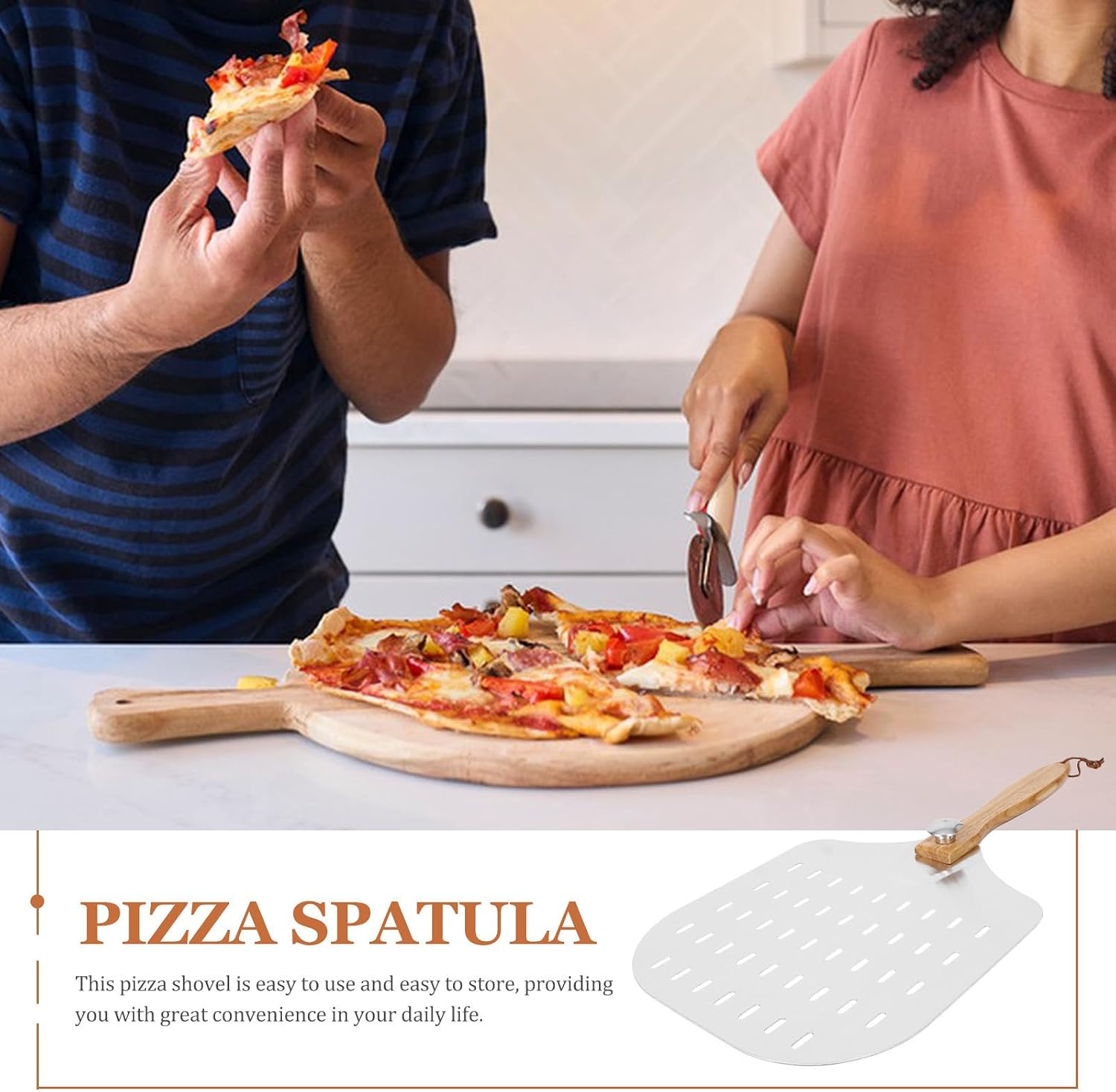 Perforated Pizza Peel with Wooden Long Handle, Aluminum Transfer Paddle