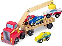Melissa & Doug Magnetic Car Loader Wooden Toy Set with Truck Crane, 4 Cars - Preschool Learning Fun Ages 3+
