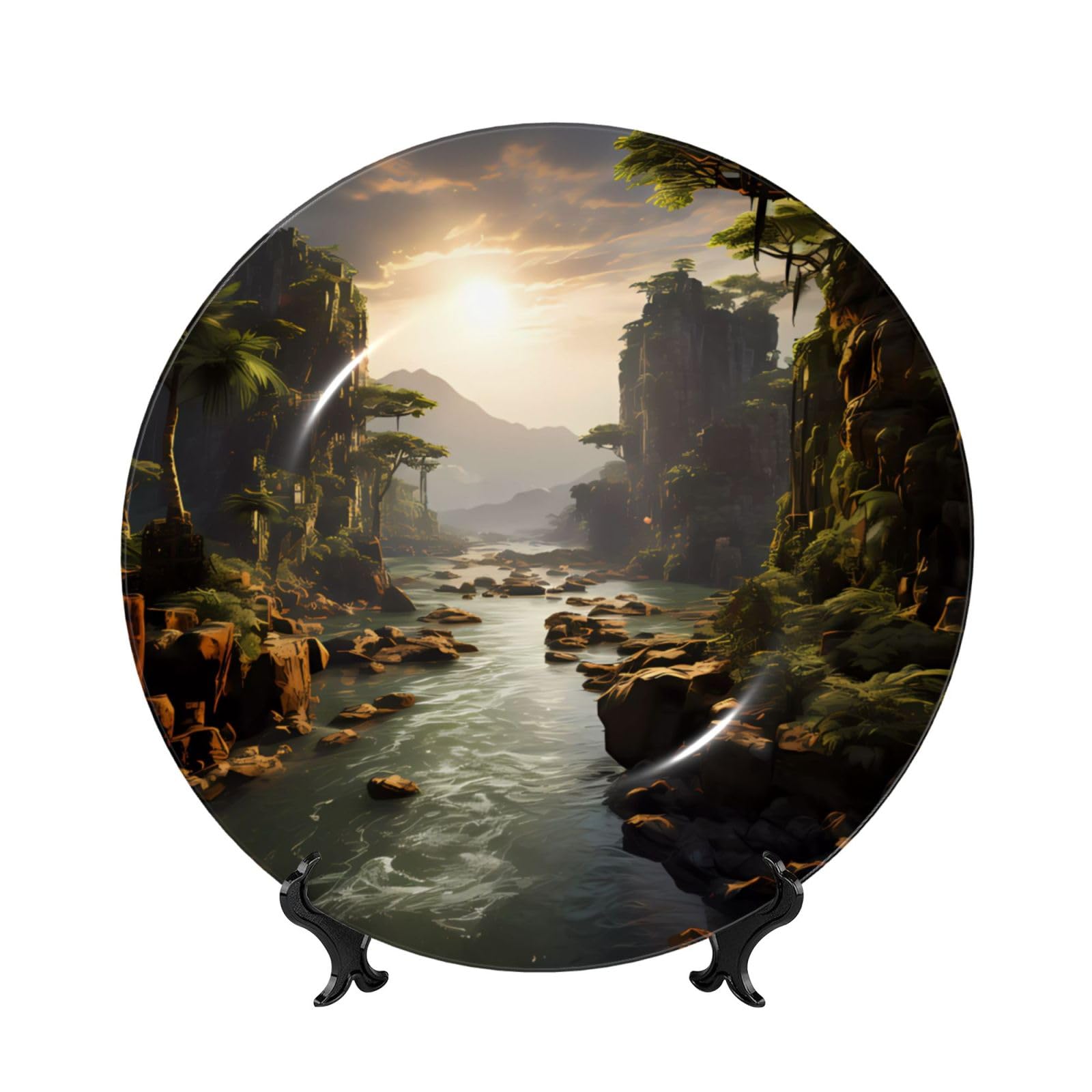 SXZVVBN mountains and rivers Bone China Decorative Plate Art with Stand Removable Adhesive Hanging for Home Office 7in