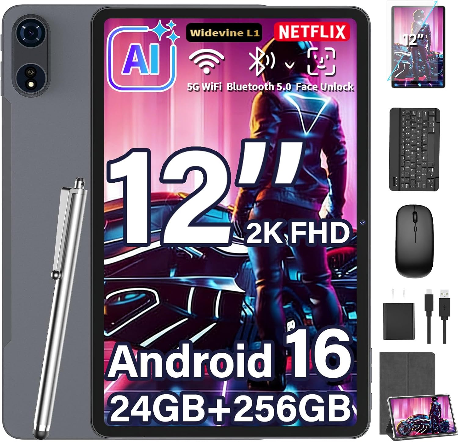 2026 12 Inch Tablet, Android 16 Tablet with Keyboard, 24GB+256GB+2TB Expand, 2K Gemini AI Tablets PC with 8-Core, 8000mAh, 5G WiFi, 16+8MP, GPS, 2 in 1 Large Tablets with Case, Mouse, Stylus (Silver)